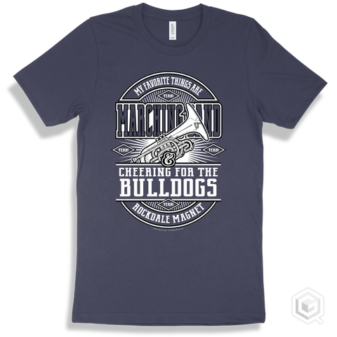 Bulldog Navy T-shirt - My Favorite Things Are Marching Band and Cheering for the Rockdale Magnet School for Science and Technology Bulldogs Design