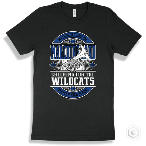 Wildcat Black T-shirt - My Favorite Things Are Marching Band and Cheering for the Oakman High School Wildcats Design
