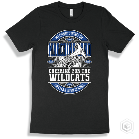 Wildcat Black T-shirt - My Favorite Things Are Marching Band and Cheering for the Oakman High School Wildcats Design