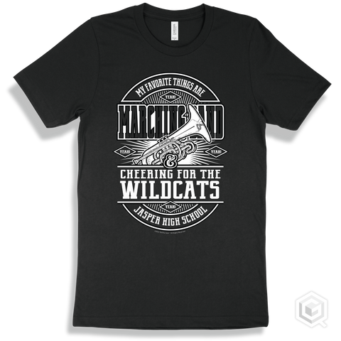 Wildcat Black T-shirt - My Favorite Things Are Marching Band and Cheering for the Jasper High School Wildcats Design