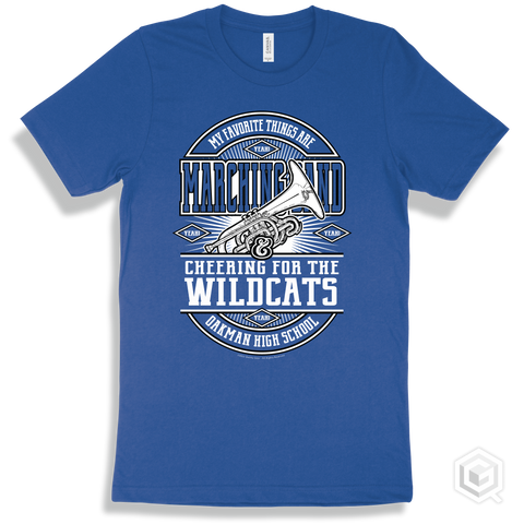 Wildcat True Royal T-shirt - My Favorite Things Are Marching Band and Cheering for the Oakman High School Wildcats Design