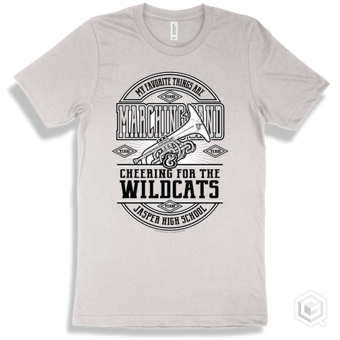 Wildcat White T-shirt - My Favorite Things Are Marching Band and Cheering for the Jasper High School Wildcats Design