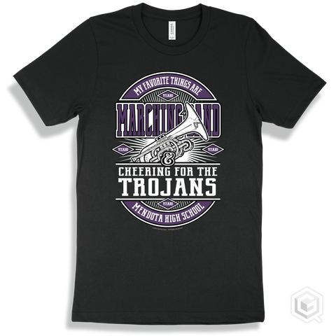 Trojan Black T-shirt - My Favorite Things Are Marching Band and Cheering for the Mendota High School Trojans Design