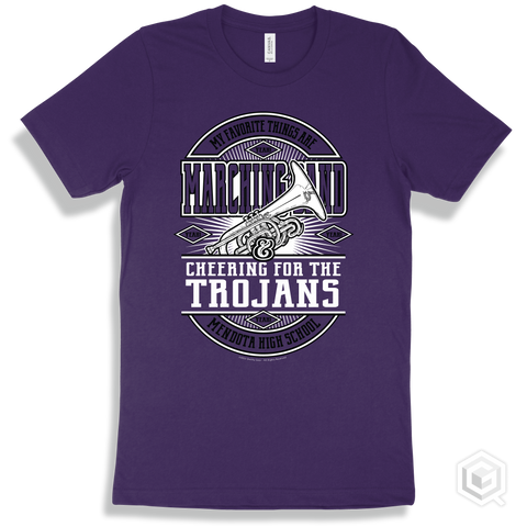 Trojan Team Purple T-shirt - My Favorite Things Are Marching Band and Cheering for the Mendota High School Trojans Design