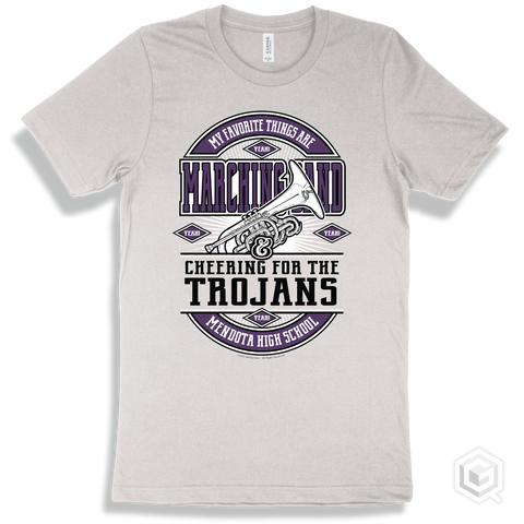 Trojan White T-shirt - My Favorite Things Are Marching Band and Cheering for the Mendota High School Trojans Design