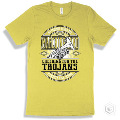 Trojan Yellow T-shirt - My Favorite Things Are Marching Band and Cheering for the Mendota High School Trojans Design