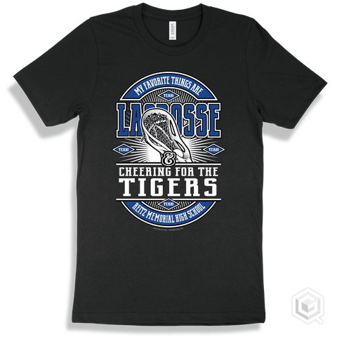 Tiger Black T-shirt - My Favorite Things Are Lacrosse and Cheering for the Reitz Memorial High School Tigers Design