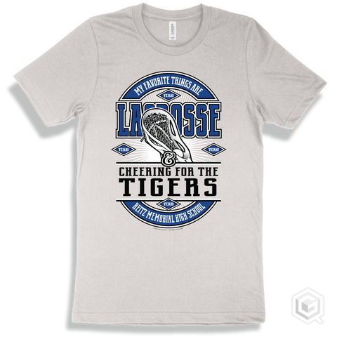 Tiger White T-shirt - My Favorite Things Are Lacrosse and Cheering for the Reitz Memorial High School Tigers Design