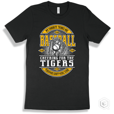 Tiger Black T-shirt - My Favorite Things Are Baseball and Cheering for the Perquimans County Middle School Tigers Design