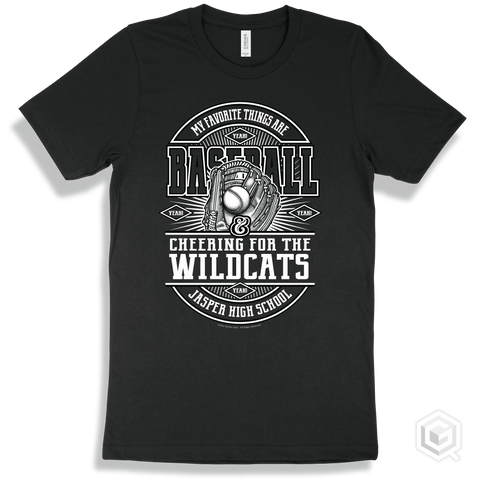 Wildcat Black T-shirt - My Favorite Things Are Baseball and Cheering for the Jasper High School Wildcats Design