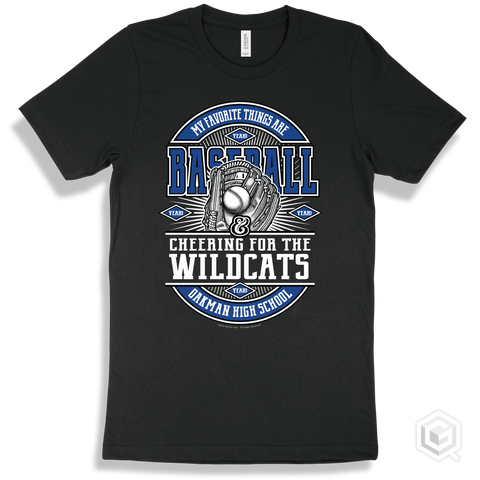 Wildcat Black T-shirt - My Favorite Things Are Baseball and Cheering for the Oakman High School Wildcats Design