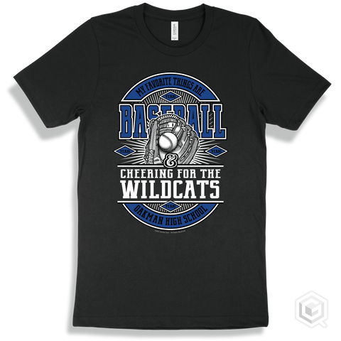Wildcat Black T-shirt - My Favorite Things Are Baseball and Cheering for the Oakman High School Wildcats Design
