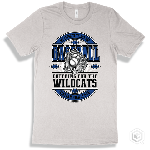 Wildcat White T-shirt - My Favorite Things Are Baseball and Cheering for the Oakman High School Wildcats Design