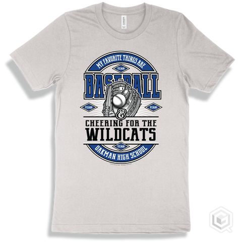 Wildcat White T-shirt - My Favorite Things Are Baseball and Cheering for the Oakman High School Wildcats Design