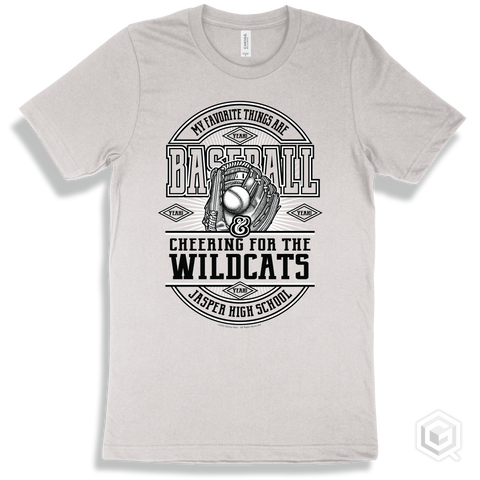 Wildcat White T-shirt - My Favorite Things Are Baseball and Cheering for the Jasper High School Wildcats Design