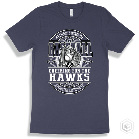 Hawk Navy T-shirt - My Favorite Things Are Baseball and Cheering for the Juan Felipe Herrera Elementary Hawks Design