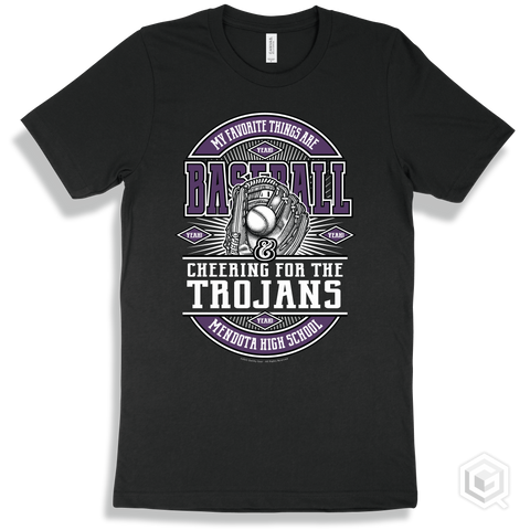 Trojan Black T-shirt - My Favorite Things Are Baseball and Cheering for the Mendota High School Trojans Design