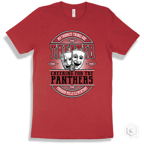 Panther Red T-shirt - My Favorite Things Are Theater and Cheering for the Paragon Mills Elementary  Panthers Design