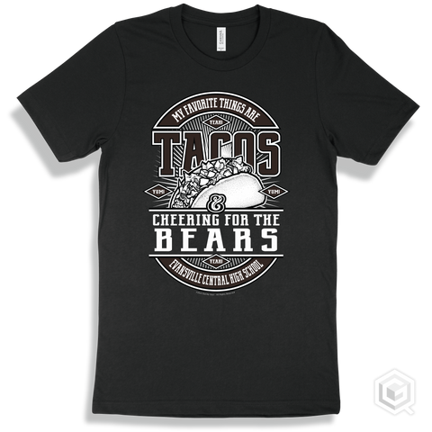Bear Black T-shirt - My Favorite Things Are Tacos and Cheering for the Evansville Central High School Bears Design