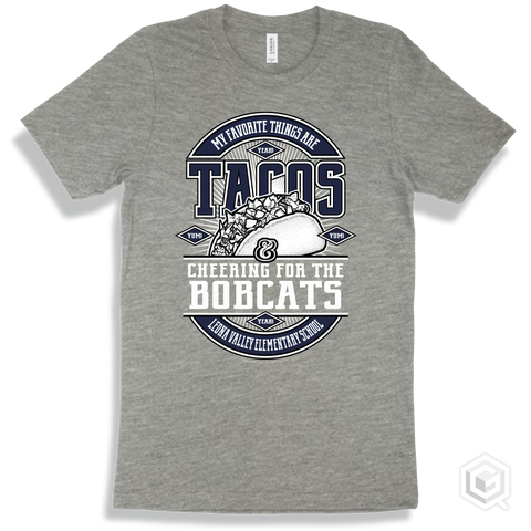 Bobcat Athletic Heather T-shirt - My Favorite Things Are Tacos and Cheering for the Leona Valley Elementary School Bobcats Design
