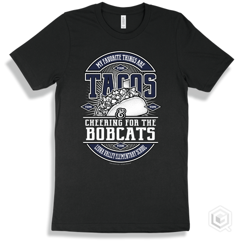 Bobcat Black T-shirt - My Favorite Things Are Tacos and Cheering for the Leona Valley Elementary School Bobcats Design