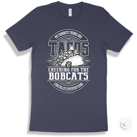 Bobcat Navy T-shirt - My Favorite Things Are Tacos and Cheering for the Leona Valley Elementary School Bobcats Design