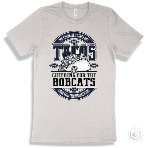 Bobcat White T-shirt - My Favorite Things Are Tacos and Cheering for the Leona Valley Elementary School Bobcats Design