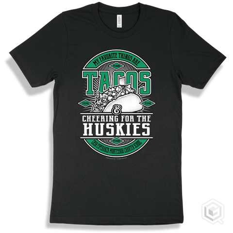 Husky Black T-shirt - My Favorite Things Are Tacos and Cheering for the Casa Esperanza Montessori Charter School Huskies Design