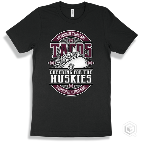 Husky Black T-shirt - My Favorite Things Are Tacos and Cheering for the Sunnymede Elementary School Huskies Design