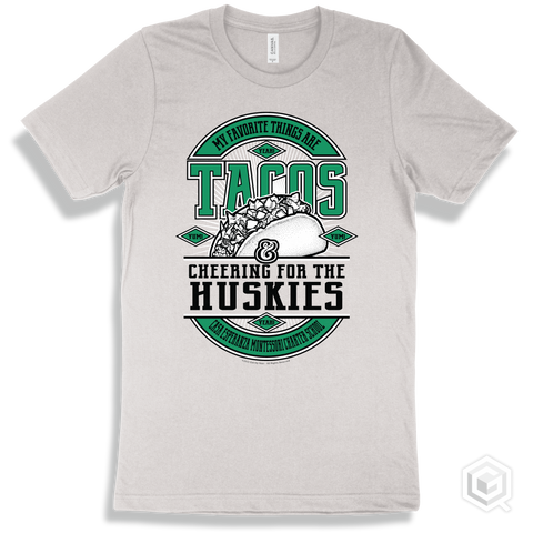 Husky White T-shirt - My Favorite Things Are Tacos and Cheering for the Casa Esperanza Montessori Charter School Huskies Design