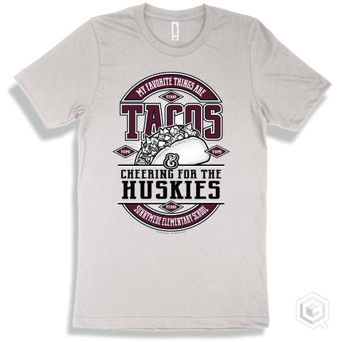 Husky White T-shirt - My Favorite Things Are Tacos and Cheering for the Sunnymede Elementary School Huskies Design