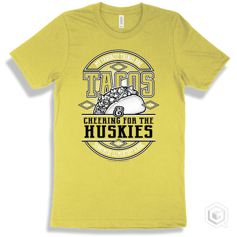 Husky Yellow T-shirt - My Favorite Things Are Tacos and Cheering for the Sunnymede Elementary School Huskies Design