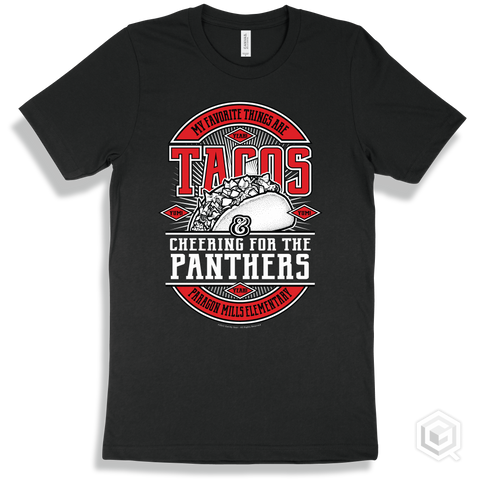 Panther Black T-shirt - My Favorite Things Are Tacos and Cheering for the Paragon Mills Elementary  Panthers Design
