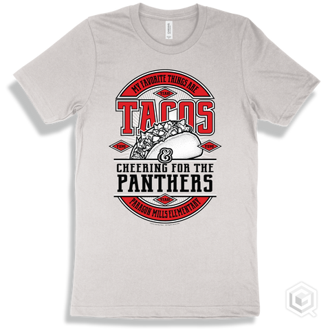 Panther White T-shirt - My Favorite Things Are Tacos and Cheering for the Paragon Mills Elementary  Panthers Design