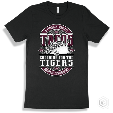 Tiger Black T-shirt - My Favorite Things Are Tacos and Cheering for the Inkster Prepatory Academy Tigers Design