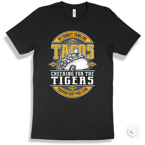 Tiger Black T-shirt - My Favorite Things Are Tacos and Cheering for the Perquimans County Middle School Tigers Design