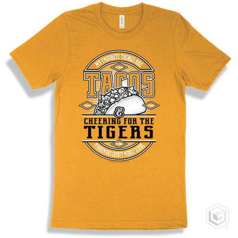 Tiger Gold T-shirt - My Favorite Things Are Tacos and Cheering for the Perquimans County Middle School Tigers Design