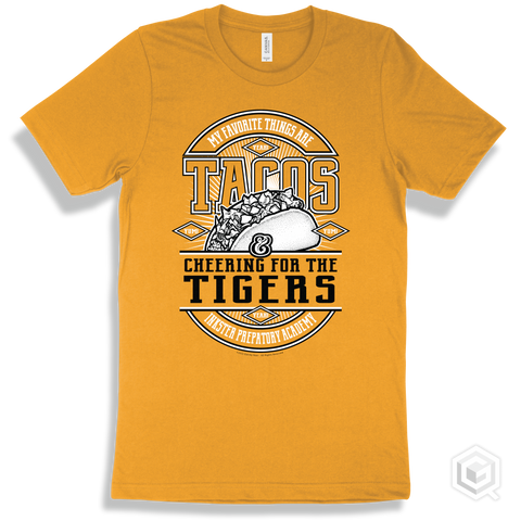 Tiger Gold T-shirt - My Favorite Things Are Tacos and Cheering for the Inkster Prepatory Academy Tigers Design
