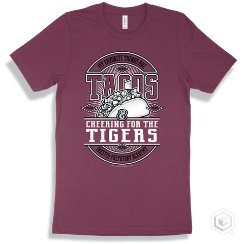 Tiger Maroon T-shirt - My Favorite Things Are Tacos and Cheering for the Inkster Prepatory Academy Tigers Design