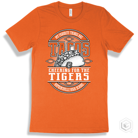 Tiger Orange T-shirt - My Favorite Things Are Tacos and Cheering for the Hopkinsville High School Tigers Design
