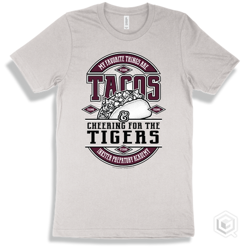 Tiger White T-shirt - My Favorite Things Are Tacos and Cheering for the Inkster Prepatory Academy Tigers Design
