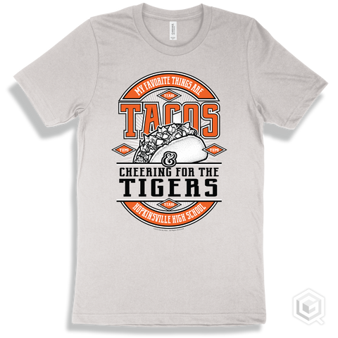Tiger White T-shirt - My Favorite Things Are Tacos and Cheering for the Hopkinsville High School Tigers Design