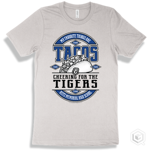 Tiger White T-shirt - My Favorite Things Are Tacos and Cheering for the Reitz Memorial High School Tigers Design