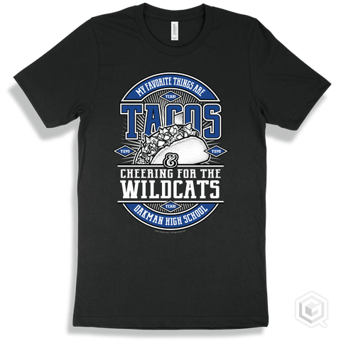Wildcat Black T-shirt - My Favorite Things Are Tacos and Cheering for the Oakman High School Wildcats Design