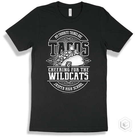 Wildcat Black T-shirt - My Favorite Things Are Tacos and Cheering for the Jasper High School Wildcats Design