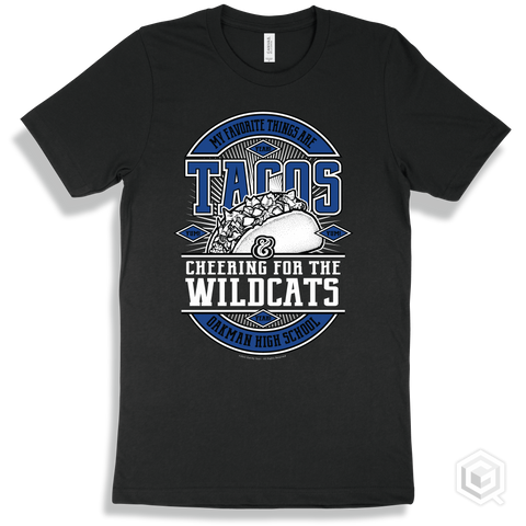 Wildcat Black T-shirt - My Favorite Things Are Tacos and Cheering for the Oakman High School Wildcats Design
