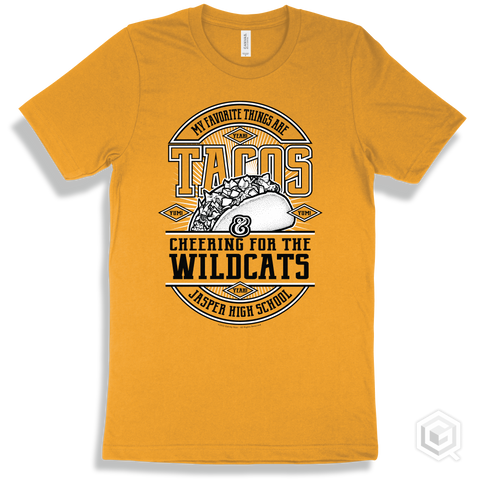 Wildcat Gold T-shirt - My Favorite Things Are Tacos and Cheering for the Jasper High School Wildcats Design