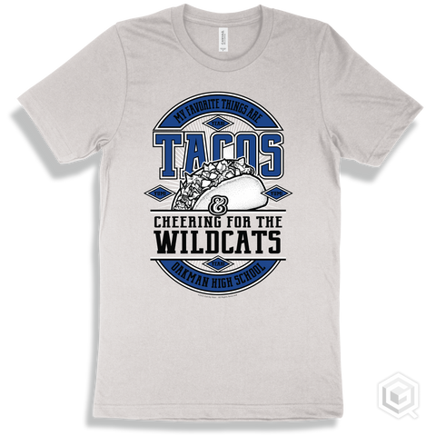 Wildcat White T-shirt - My Favorite Things Are Tacos and Cheering for the Oakman High School Wildcats Design