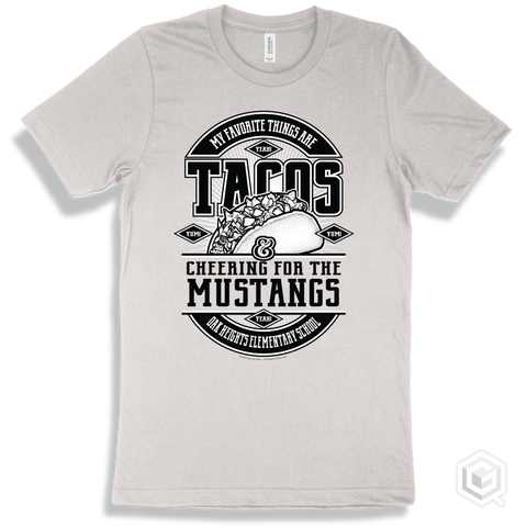 Mustang White T-shirt - My Favorite Things Are Tacos and Cheering for the Oak Heights Elementary School Mustangs Design