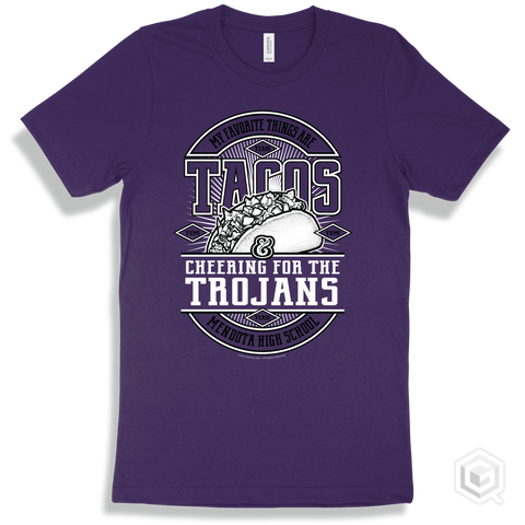 Trojan Team Purple T-shirt - My Favorite Things Are Tacos and Cheering for the Mendota High School Trojans Design